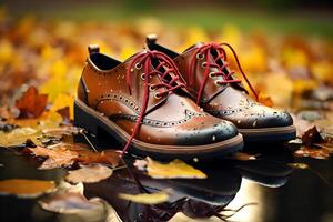 ai generiert Stiefel auf Herbst Ahorn Blätter - - Konzept von fallen Herbst Jahreszeit, Herbst Mode, modisch Hipster Lebensstil foto