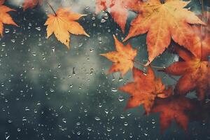 ai generiert Herbst Ahorn Blätter auf ein Hintergrund von Blau Glas mit Regentropfen foto