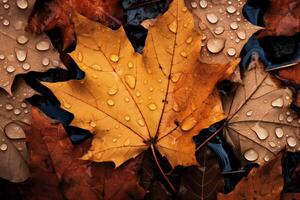 ai generiert bunt Herbst Ahorn Blätter mit Wasser Tropfen. Nahansicht. foto