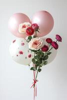 ai generiert Luftballons mit Rosen und Ranunkeln auf ein Weiß Hintergrund, Feier foto