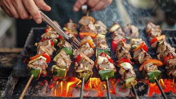 ai generiert gegrillt Fleisch Spieße Schaschlik Kebab auf tragbar Grill. foto