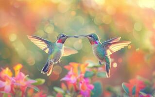 ai generiert Zwilling Kolibri Fütterung auf Nektar von hell Blumen Seite durch Seite foto