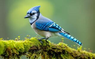 ai generiert Blau Jay eingebettet auf frisch Moos foto