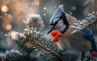 ai generiert ein Blau Jay unter Beeren während Winter foto