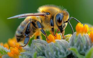 ai generiert kompliziert schließen oben von ein Biene auf ein Spektrum von bunt Pflanzen foto