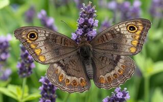 ai generiert duftend Lavendel Blumen Hosting Schmetterling mit detailliert Auge Muster foto