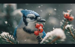 ai generiert Beeren und ein Blau Jay im das Winter Landschaft foto