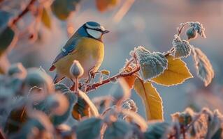 ai generiert ein Frost bedeckt Rose geschmückt durch ein Blau tit foto