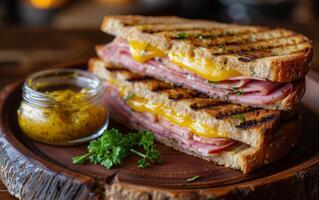 ai generiert Senf mit ...-Geschmack gegrillt Käse und Schinken Sandwich foto