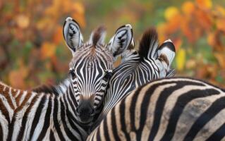 ai generiert ein Zebra Junge findet Komfort Nächster zu ein Erwachsene im golden Erleuchtung foto