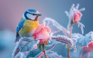 ai generiert ein Blau tit verbessert ein Rose umhüllt im Frost foto