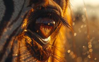 ai generiert schließen oben Aussicht von ein Zebra Auge Erfassen das golden Sonnenuntergang foto