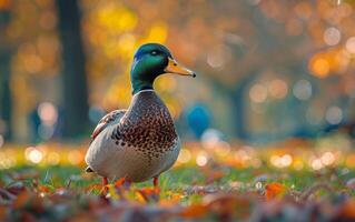 ai generiert ein Stockente navigiert durch das verstreut Blätter von Herbst foto