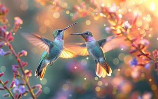 ai generiert ein Paar von Kolibri schweben Über und genießen Nektar von strahlend Blumen foto