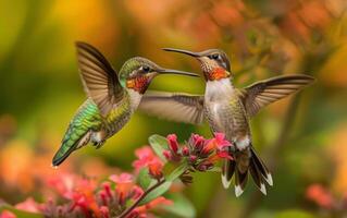 ai generiert Zwilling Kolibri Fütterung auf Nektar von hell Blumen Seite durch Seite foto