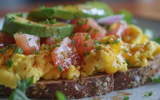 ai generiert lecker Ei und Tomate Avocado Toast foto