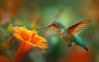 ai generiert Kolibri Fütterung auf Orange Blume foto