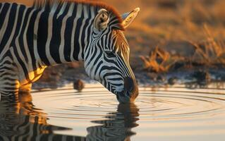 ai generiert Zebra Abschrecken es ist Durst beim ein Bewässerung Loch während Sonnenuntergang, mit Reflexionen foto