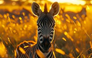 ai generiert Erfassen das Wesen Zebra Porträt beim golden Stunde foto