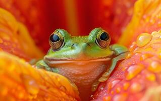 ai generiert detailliert schließen oben Grün Frosch inmitten das Flamme von Orange Blütenblätter foto