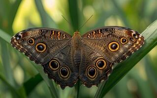 ai generiert edel dunkel braun Schmetterling mit hypnotisch Auge Muster auf es ist Flügel, Sitzung elegant oben auf ein grün Gras Klinge foto