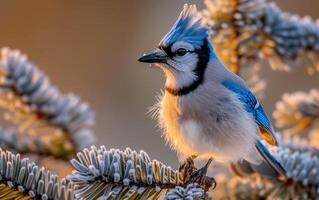 ai generiert ein Blau Jay Züge oben es ist Gefieder auf ein eisig Kiefer Ast foto