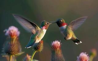 ai generiert ein Duo von Kolibri Teilen Süss Nektar von lebhaft Blumen foto