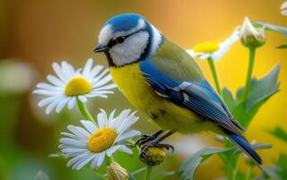 ai generiert Weiß Gänseblümchen Hosting ein thront Blau tit foto