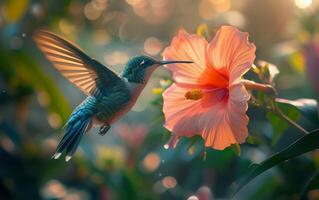 ai generiert Kolibri Versammlung Nektar von ein Rosa Blütenblatt foto