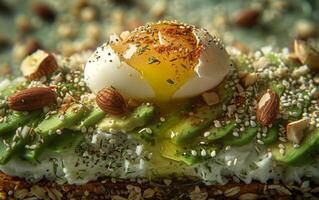 ai generiert perfekt gewürzt Avocado Toast mit ein fachmännisch gekocht Ei foto