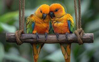 ai generiert Schnappschuss von zwei Sonne conures kuscheln auf ein schwingen foto