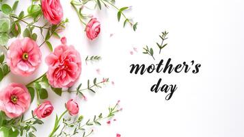 ai generiert Mütter Tag Karte mit Blumen auf Weiß Hintergrund. eben legen, oben Sicht. foto