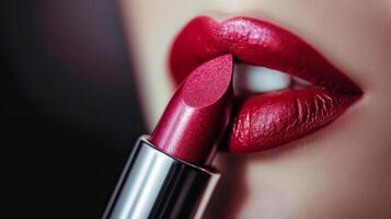 ai generiert Nahansicht von Frau bewirbt sich rot Lippenstift mit elegant Schönheit und Glanz foto