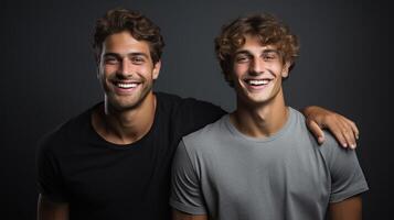 ai generiert zwei heiter jung Männer posieren zusammen im Vorderseite von ein dunkel Hintergrund foto