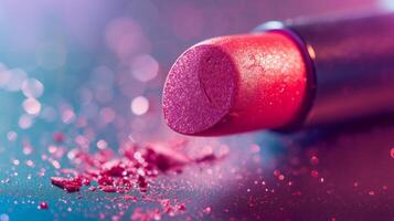 ai generiert Nahansicht von ein hell Rosa Lippenstift auf ein Blau Hintergrund mit funkelt foto