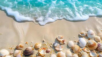 ai generiert azurblau Küste von das Ozean mit Palme Bäume, Sand, Surfen und Muscheln. ai generiert foto