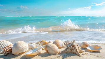 ai generiert azurblau Küste von das Ozean mit Palme Bäume, Sand, Surfen und Muscheln. ai generiert foto