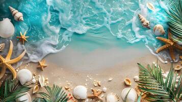 ai generiert azurblau Küste von das Ozean mit Palme Bäume, Sand, Surfen und Muscheln. ai generiert foto