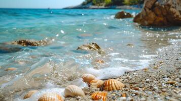 ai generiert azurblau Küste von das Ozean mit Palme Bäume, Sand, Surfen und Muscheln. ai generiert foto