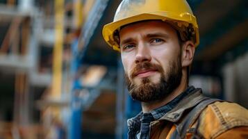 ai generiert ein Mann, ein Arbeiter, ein Baumeister durch Beruf, im ein Uniform und ein Helm. ai generiert foto