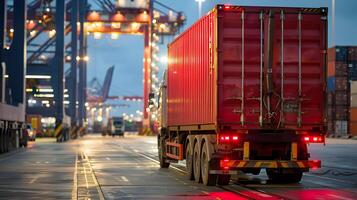 ai generiert LKW Anhänger auf das Seebrücke im das Ladung Hafen Terminal mit Kräne und Behälter. ai generiert foto