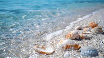 ai generiert azurblau Küste von das Ozean mit Palme Bäume, Sand, Surfen und Muscheln. ai generiert foto