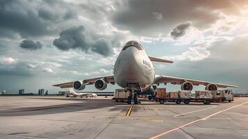 ai generiert ein Ladung Flugzeug beim das Flughafen Docks Ladungen oder entlädt Ladung. ai generiert foto