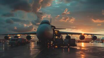 ai generiert ein Ladung Flugzeug beim das Flughafen Docks Ladungen oder entlädt Ladung. ai generiert foto