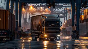 ai generiert LKW Anhänger auf das Seebrücke im das Ladung Hafen Terminal mit Kräne und Behälter. ai generiert foto