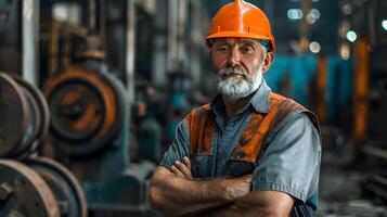 ai generiert Porträt von ein Arbeiten Mann im ein Uniform und ein schwer Hut. ai generiert foto