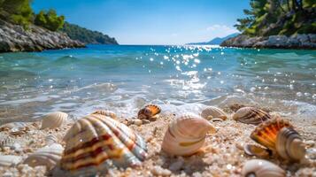 ai generiert azurblau Küste von das Ozean mit Palme Bäume, Sand, Surfen und Muscheln. ai generiert foto