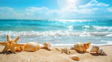 ai generiert azurblau Küste von das Ozean mit Palme Bäume, Sand, Surfen und Muscheln. ai generiert foto