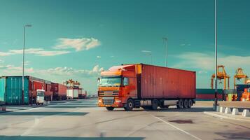 ai generiert LKW Anhänger auf das Seebrücke im das Ladung Hafen Terminal mit Kräne und Behälter. ai generiert foto