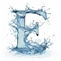 ai generiert das Brief e im ein Spritzen von Wasser. Brief e Wasser Spritzen Alphabet isoliert auf Weiß. foto